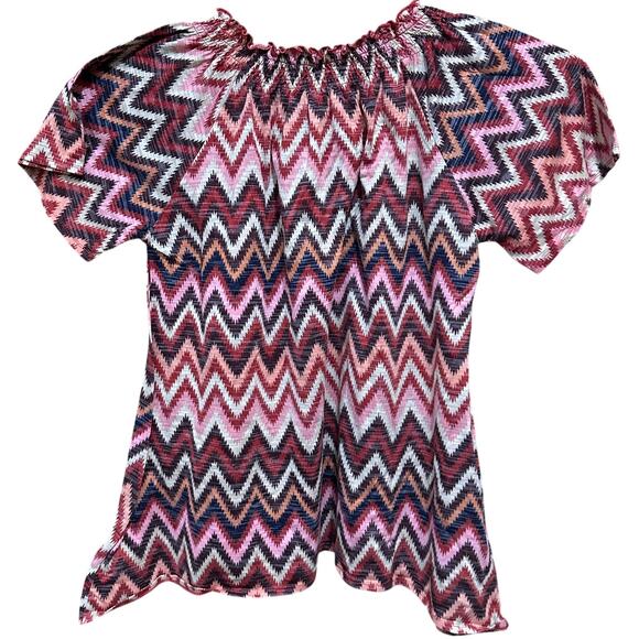 Faded Glory Boho Top Plus 1X 16W Pink Brown Zigzag Peasant Style Short Sleeve - Picture 2 of 7